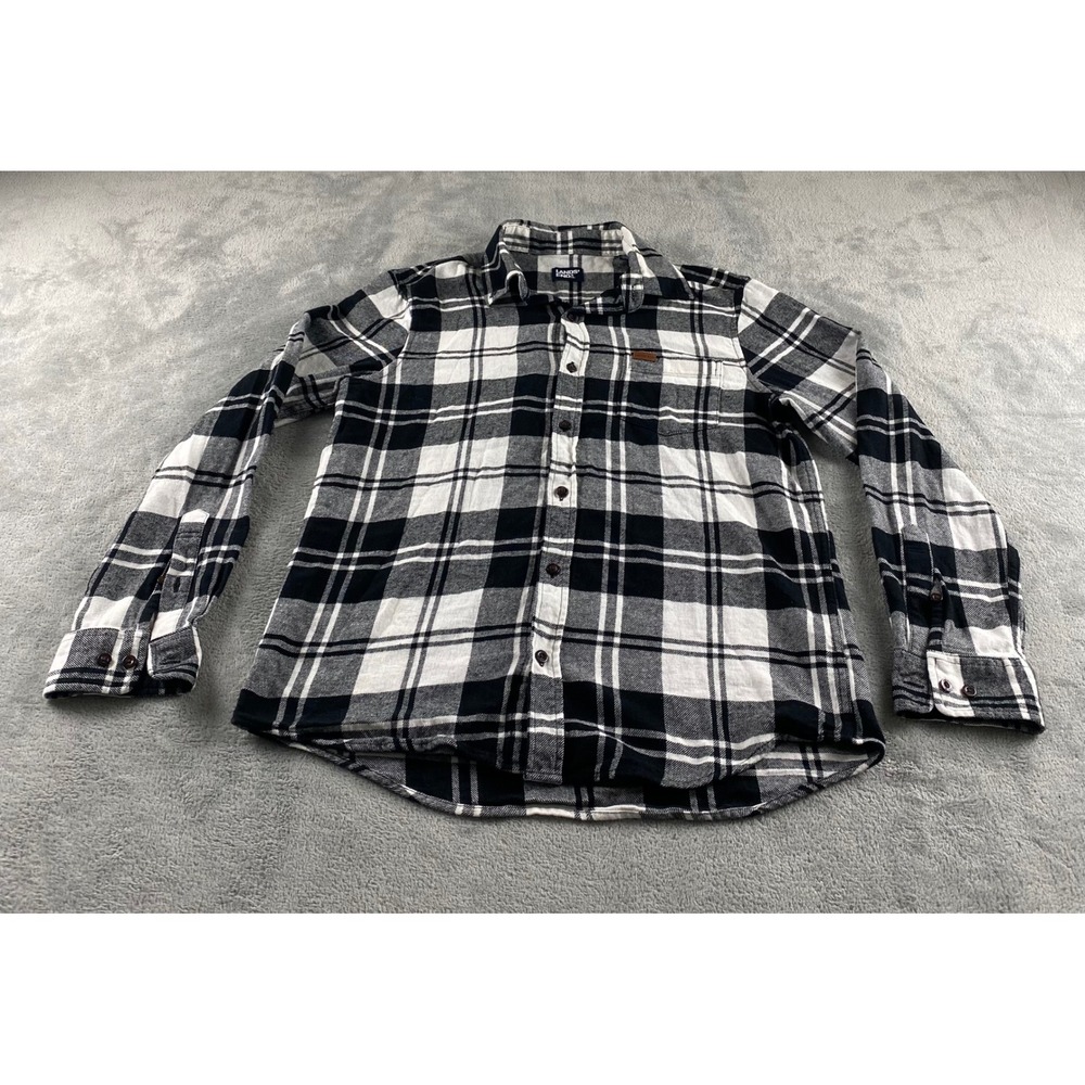 Lands End Mens Flannel Shirt Medium Black White Plaid Long Sleeve Button Down